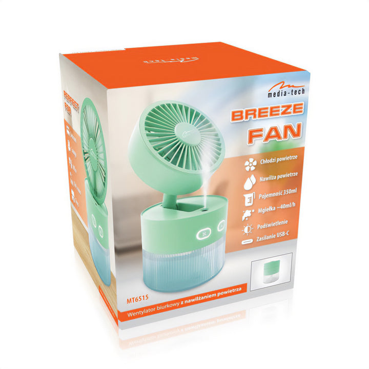 Desktop fan with air humidification. Capacity 350ml. Mist of 40ml/h. USB-C power supply