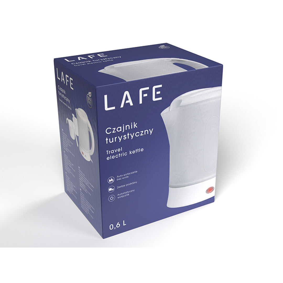Lafe electric kettle, tourist, 600W, capacity 0.6l, 2 cups, 2 teaspoons, white, Scandi