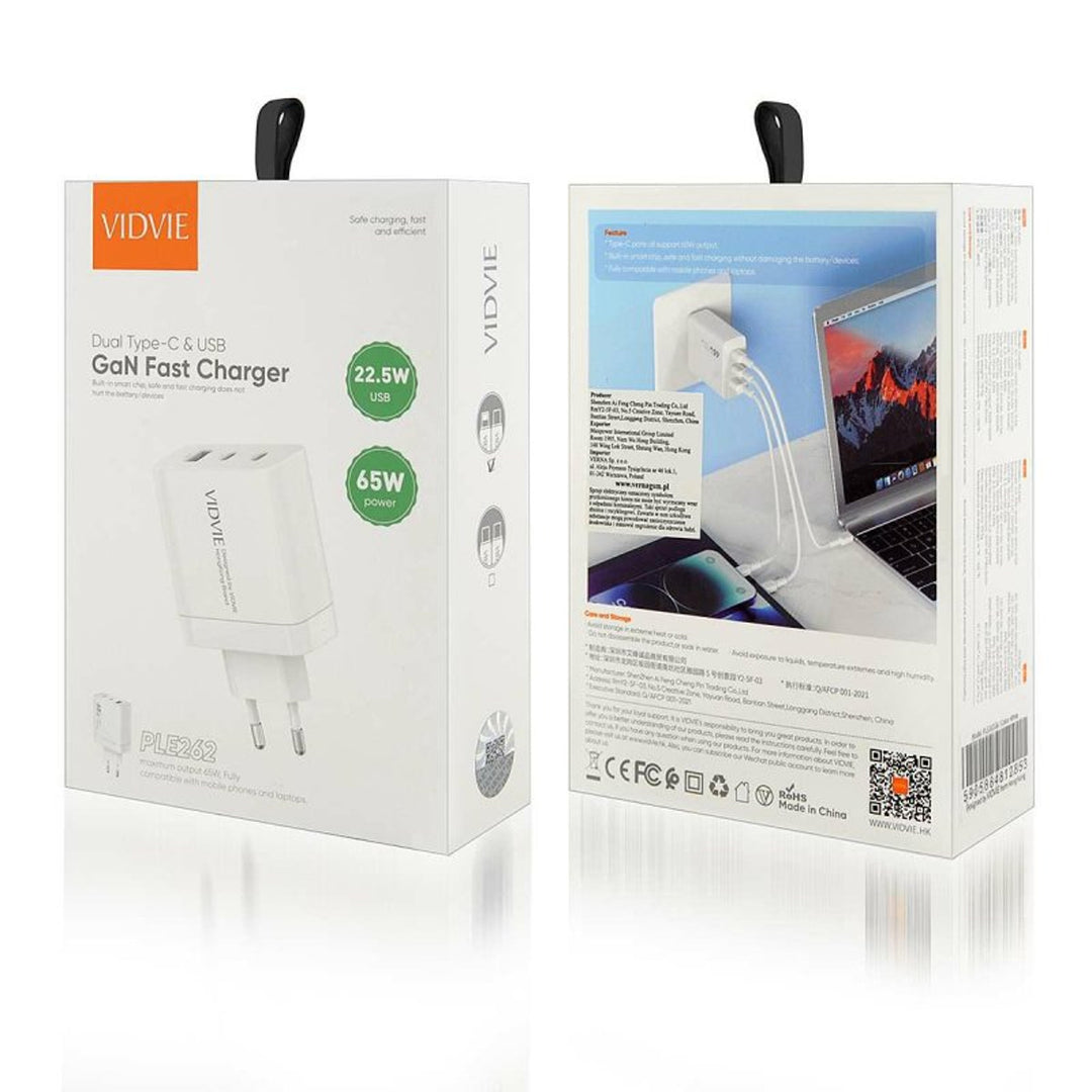VIDVIE mains charger, 3A, 65W, 2x USB-C, 1x USB, USB-C/Iphone cable, PLE262