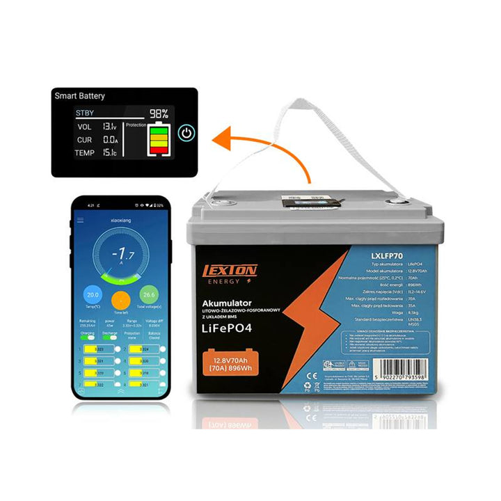 Lexton Lithium-Eisen-Phosphat LiFePo4 Akku, mit BMS, 12,8V, 70Ah, LXLFP70