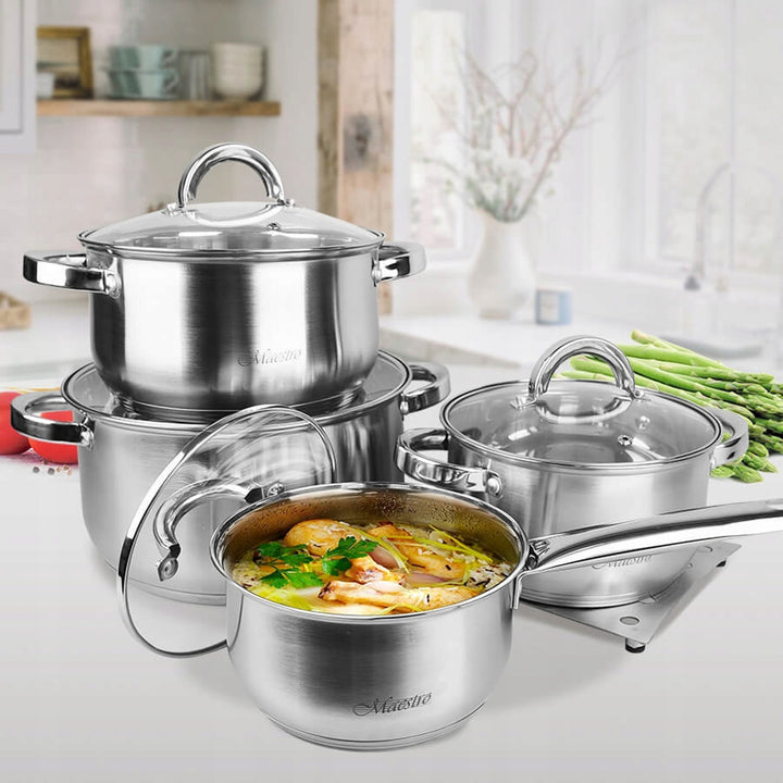 Maestro 9 el. pot set. 1.5L, 2L, 3L, 5L, stainless steel, dishwasher safe, suitable for all types of stoves, hot pot stand, MR-2021