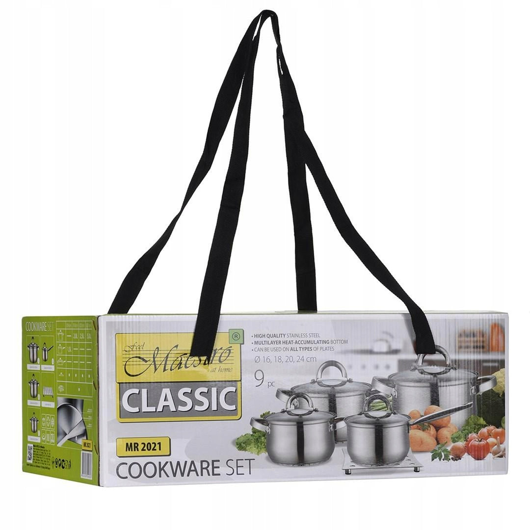 Maestro 9 el. pot set. 1.5L, 2L, 3L, 5L, stainless steel, dishwasher safe, suitable for all types of stoves, hot pot stand, MR-2021
