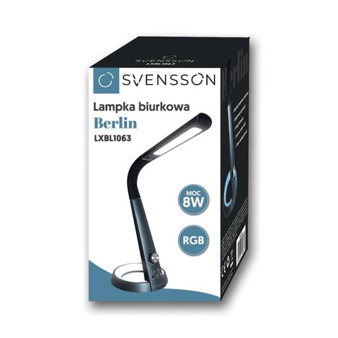 Svensson Office Lamp, 450 Lumen, 8W power, three light temperatures, mobile device charging function, RGB base, LXBL1063