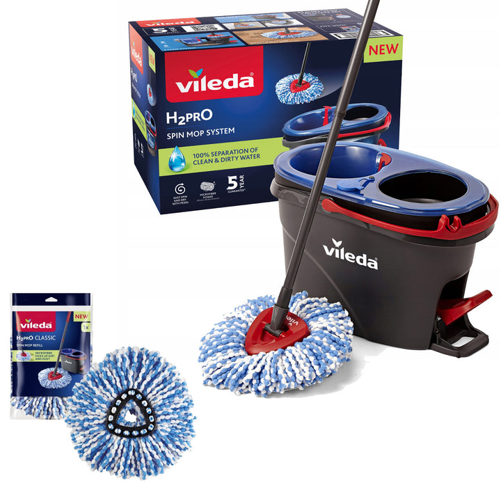 Vileda rotary mop, two compartments, centrifugation system, folding bar, easy corner cleaning, turbo H2prO + extra cartridge