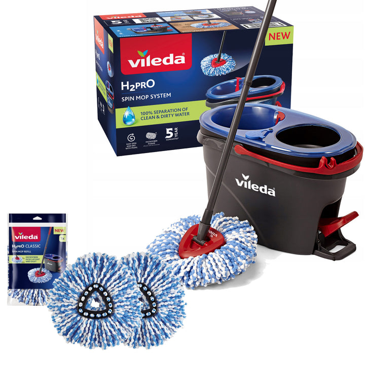 Vileda rotary mop, two compartments, centrifugation system, folding bar, easy corner cleaning, turbo H2prO + 2 extra cartridges