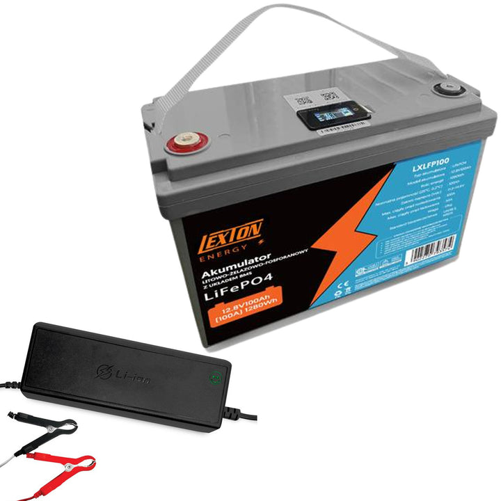 LiFePo4 Lexton lithium-iron-phosphate battery, with BMS, 12.8V, 100Ah, LXLFP100 + LTC Energy LiFePO4 battery charger