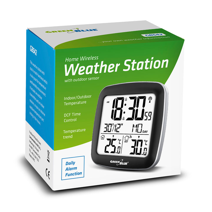 GreenBlue wireless weather station, with DCF system, calendar, alarm, GB542 + 4x Varta Industrial AAA alkaline battery