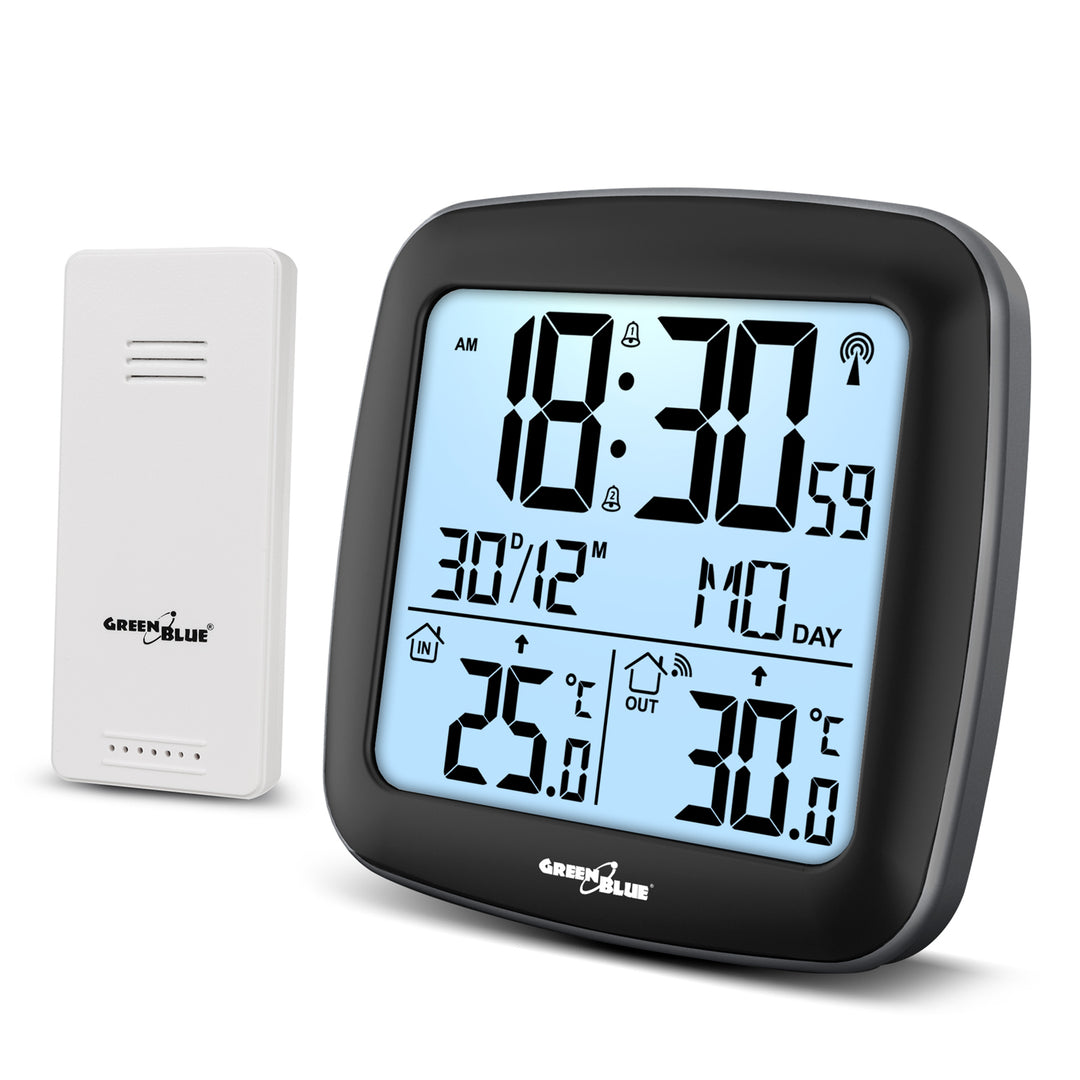 GreenBlue wireless weather station, with DCF system, calendar, alarm, GB542 + 4x Varta Industrial AAA alkaline battery
