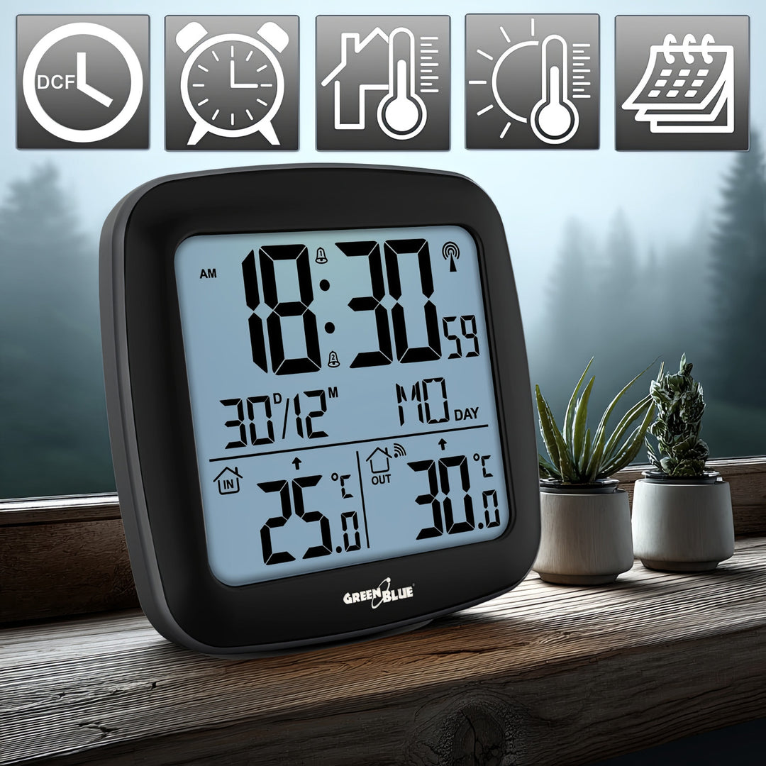 GreenBlue wireless weather station, with DCF system, calendar, alarm, GB542 + 4x Varta Industrial AAA alkaline battery