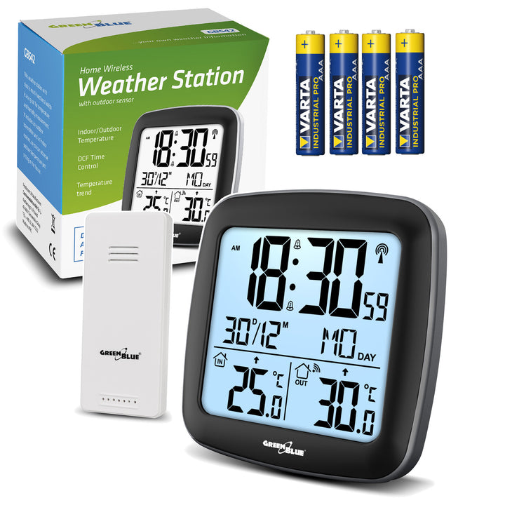 GreenBlue wireless weather station, with DCF system, calendar, alarm, GB542 + 4x Varta Industrial AAA alkaline battery