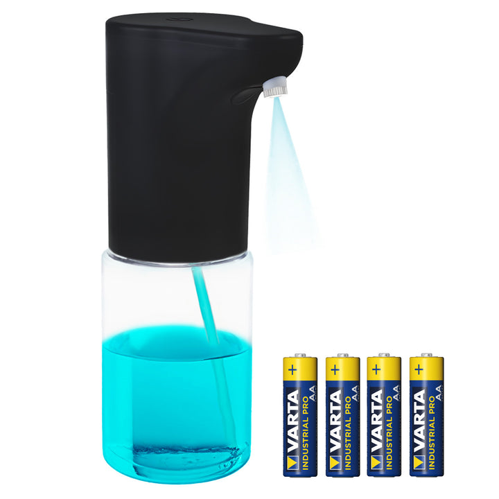 Dispensador automático Promedix, contenedor dispensador para jabones líquidos, líquidos desinfectantes, 300ml, negro, PR-540 B + 4 pilas AA Varta Industrial