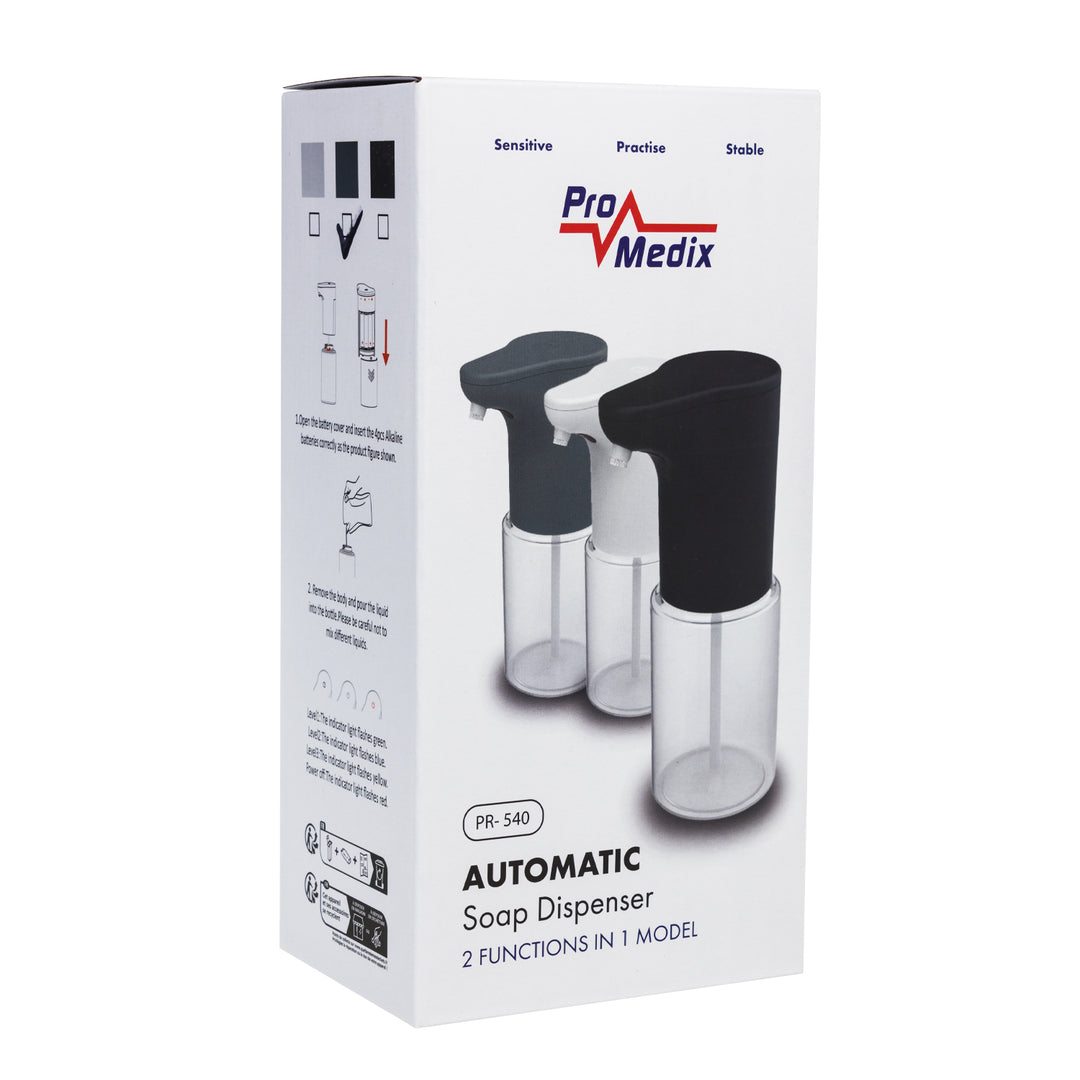 Dispensador automático Promedix, contenedor dispensador para jabones líquidos, líquidos desinfectantes, 300ml, gris, PR-540 GR + 4 pilas Varta Industrial AA