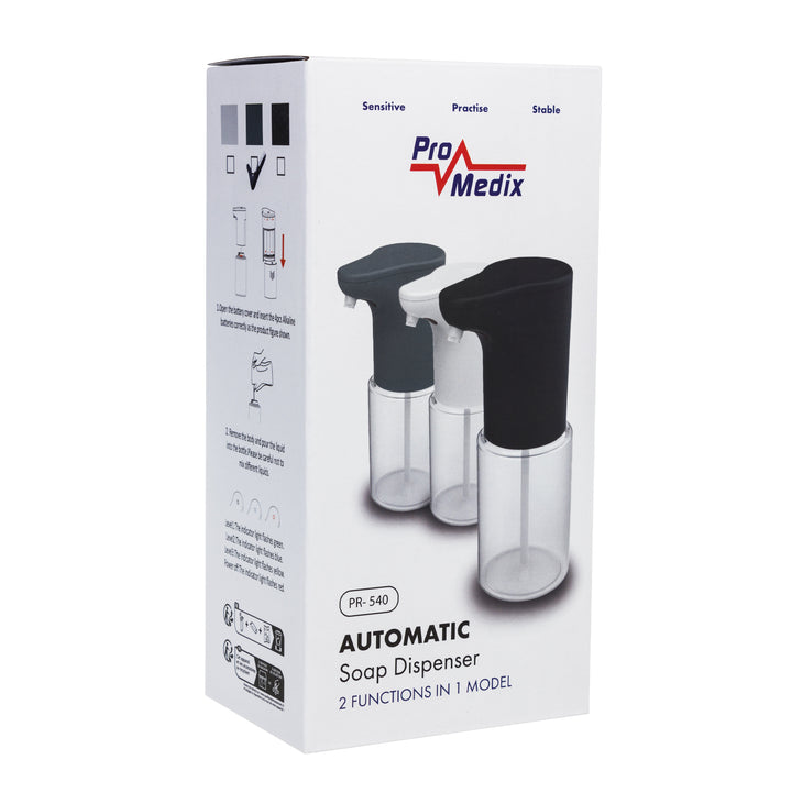 Dispensador automático Promedix, contenedor dispensador para jabones líquidos, líquidos desinfectantes, 300ml, gris, PR-540 GR + 4 pilas Varta Industrial AA