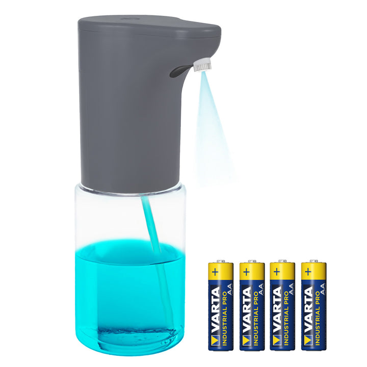 Dispensador automático Promedix, contenedor dispensador para jabones líquidos, líquidos desinfectantes, 300ml, gris, PR-540 GR + 4 pilas Varta Industrial AA