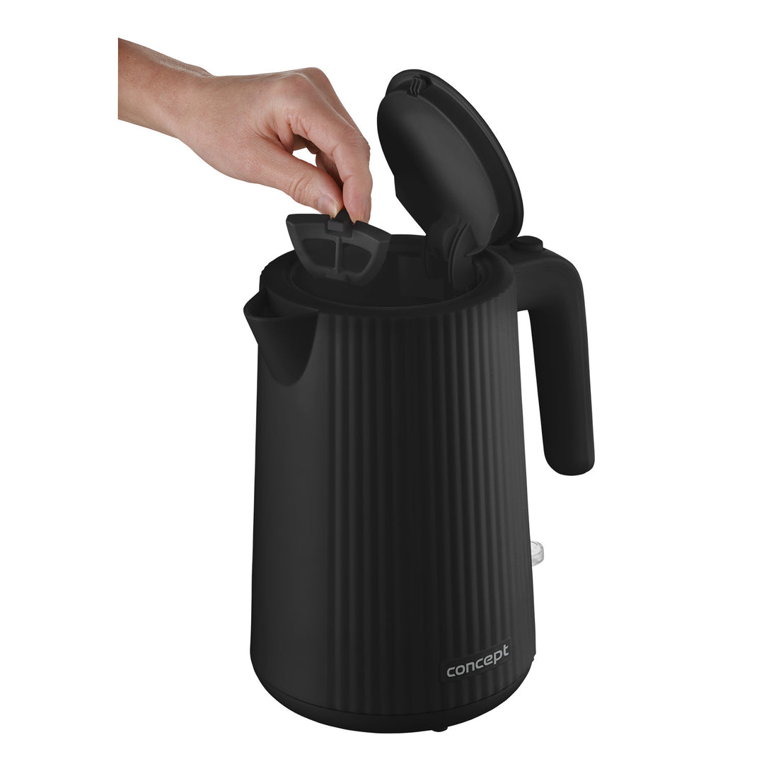 Concept Kunststoff-Wasserkocher, 1,7 l, geriffeltes Design, dreifaches Sicherheitssystem, Sedimentfilter, Wasserstandsanzeige, schwarz, RK2391