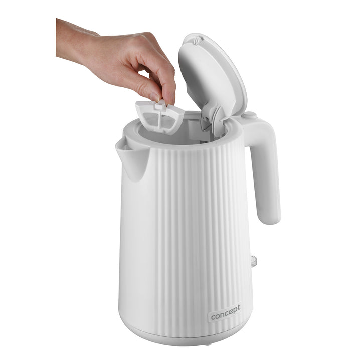 Concept plastic electric kettle, 1.7L, fluted design, triple safety system, sediment filter, water level indicator, white, RK2390