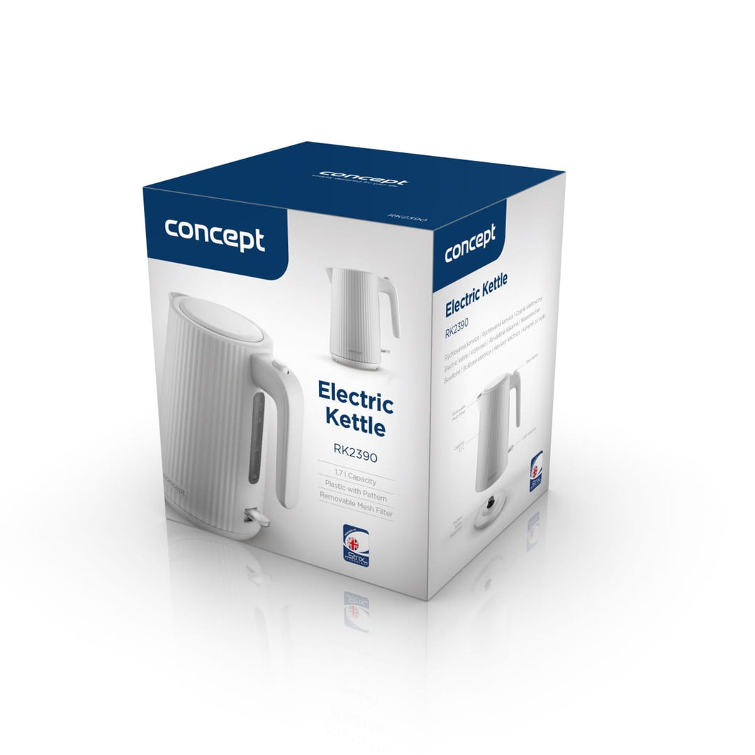 Concept plastic electric kettle, 1.7L, fluted design, triple safety system, sediment filter, water level indicator, white, RK2390