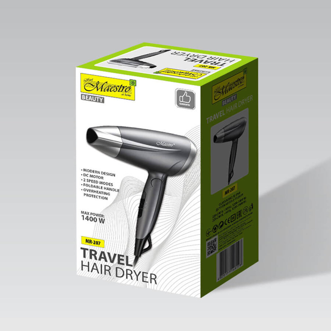 Maestro hair dryer, 1400W power, folding handle, 2 air speeds, concentrator, MR-207
