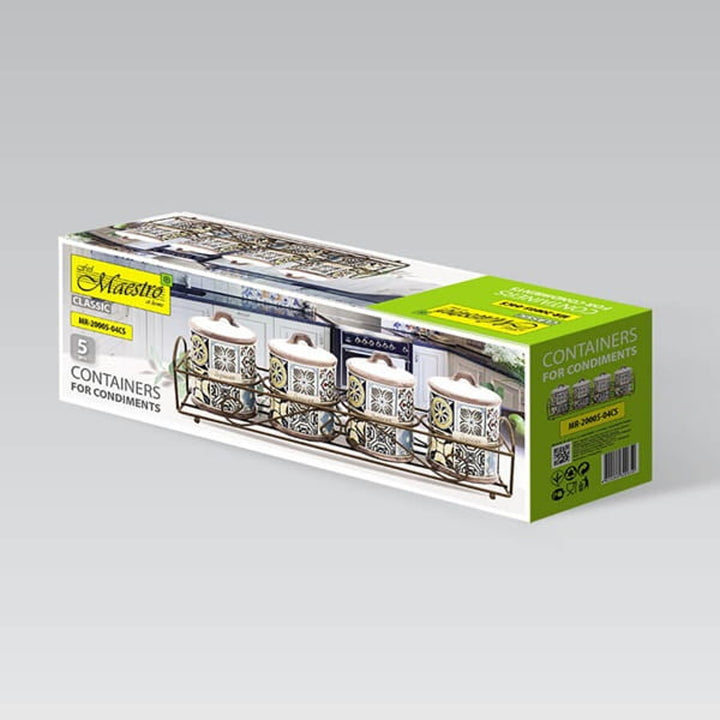 Holiday in Porto Maestro ceramic container set, 5 items, 200ml capacity, ideal for spices, with metal stand, MR-20005-04CS