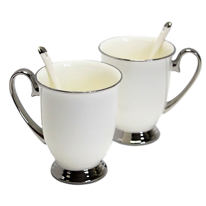 White 2pc Cups Chrome Handles, Teaspoons, Porcelain, Elegant, Queen Isabel