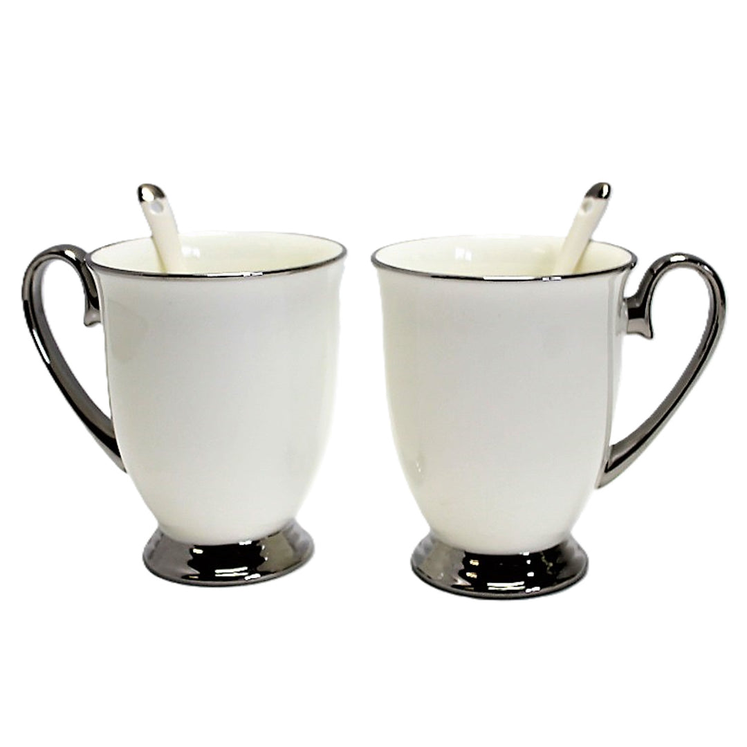 White 2pc Cups Chrome Handles, Teaspoons, Porcelain, Elegant, Queen Isabel
