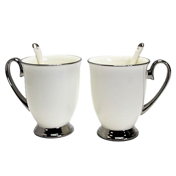 White 2pc Cups Chrome Handles, Teaspoons, Porcelain, Elegant, Queen Isabel