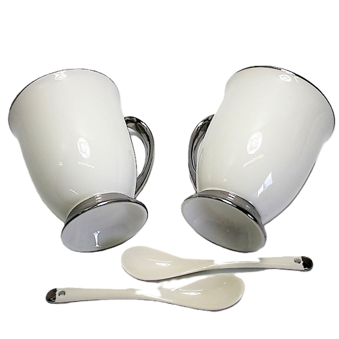White 2pc Cups Chrome Handles, Teaspoons, Porcelain, Elegant, Queen Isabel