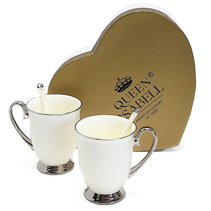 White 2pc Cups Chrome Handles, Teaspoons, Porcelain, Elegant, Queen Isabel