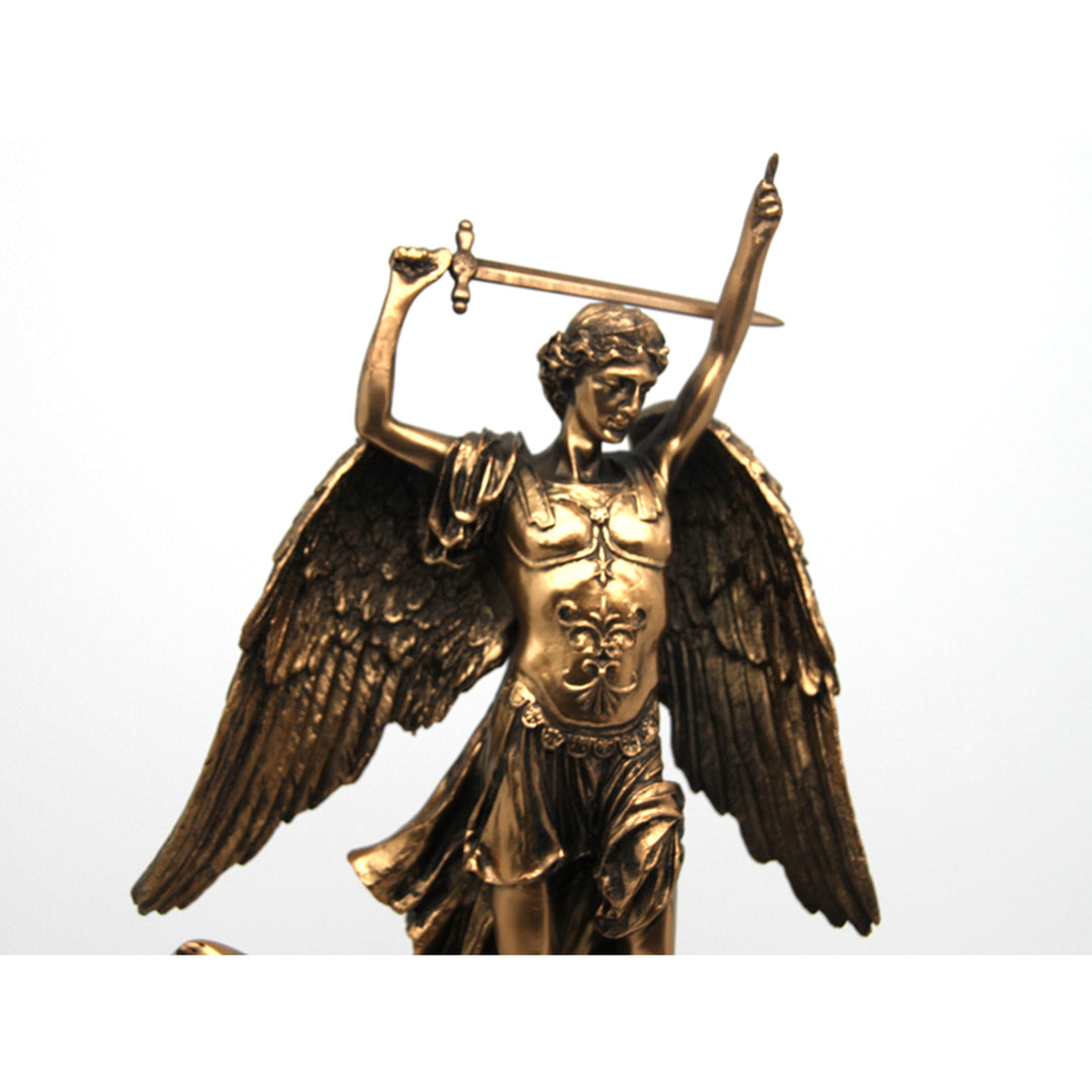 Archangel Michael figurine, clock, bronze religious sculpture, Queen Isabel