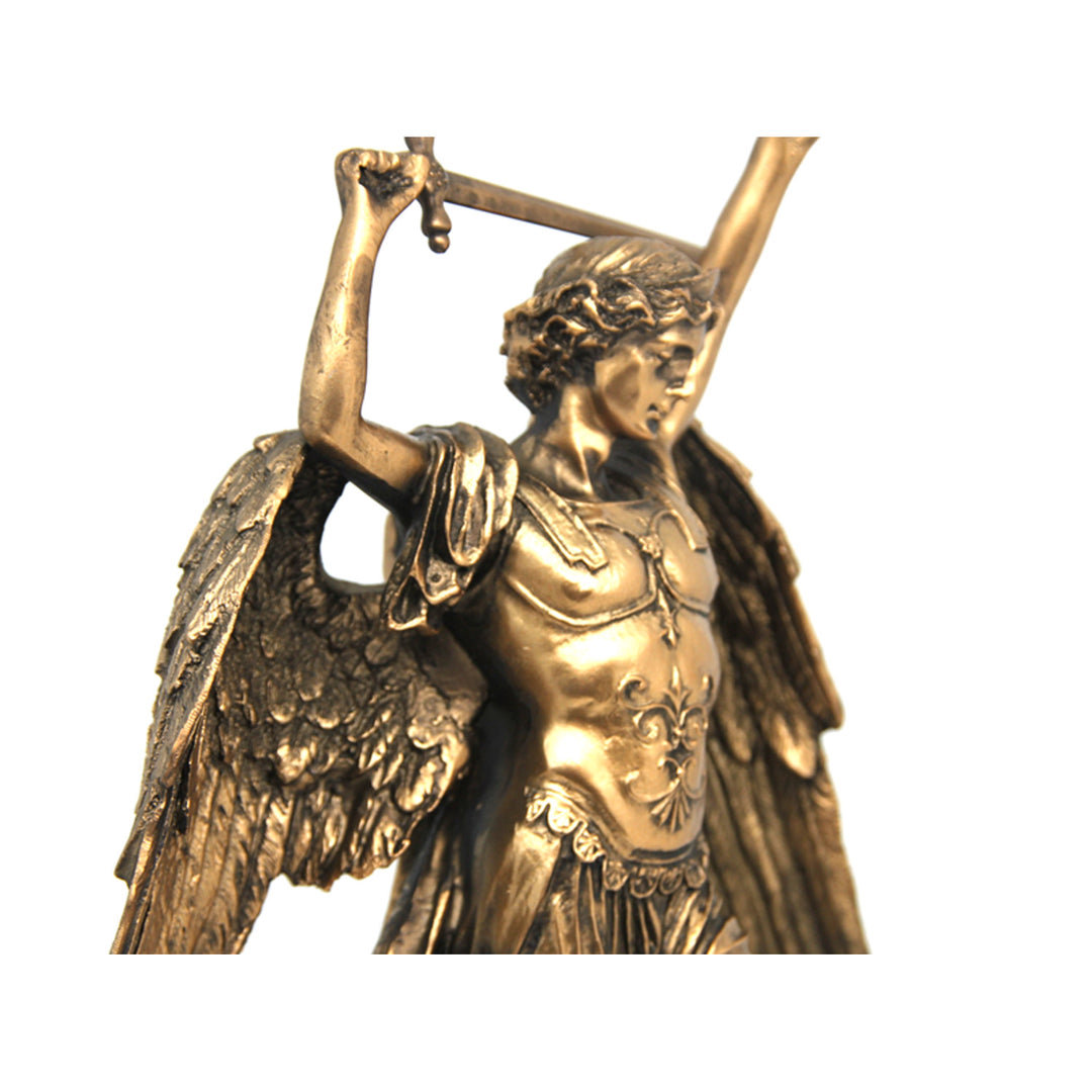 Archangel Michael figurine, clock, bronze religious sculpture, Queen Isabel