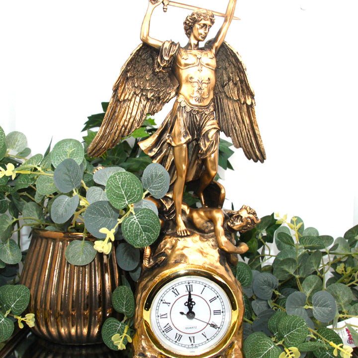 Archangel Michael figurine, clock, bronze religious sculpture, Queen Isabel