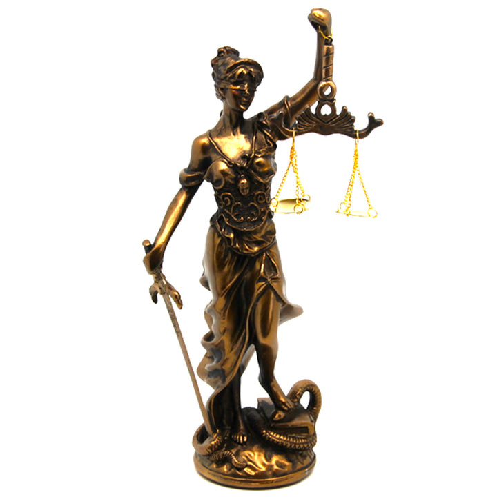 Figurine of Temida with scale and sword, bronze law sculpture, Queen Isabel