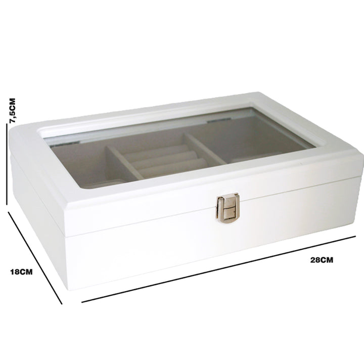 Jewelry box, wooden, white, organizer, compartments, glass lid, Queen Isabel