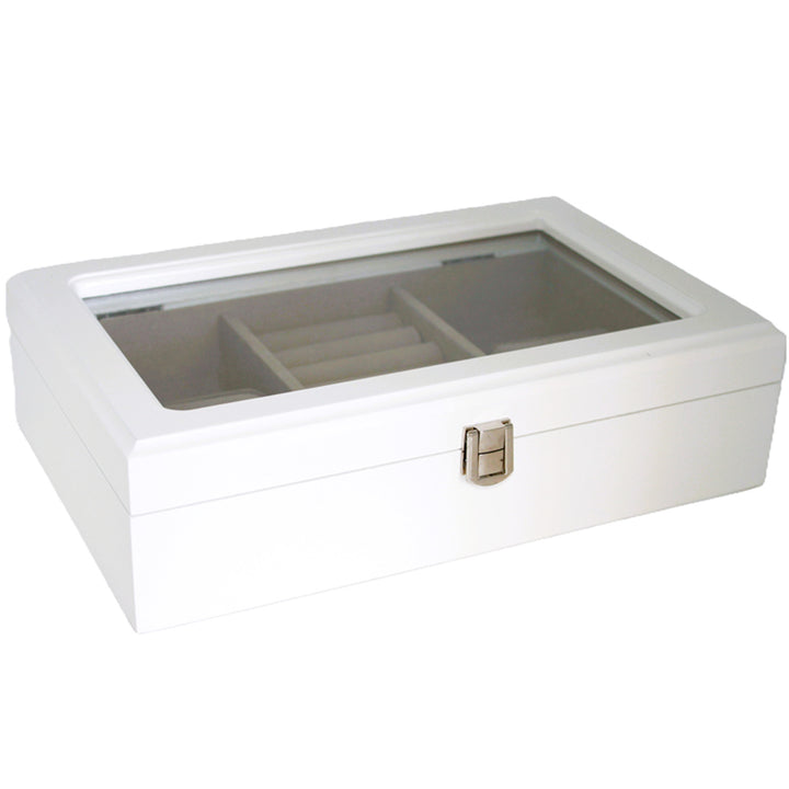 Jewelry box, wooden, white, organizer, compartments, glass lid, Queen Isabel