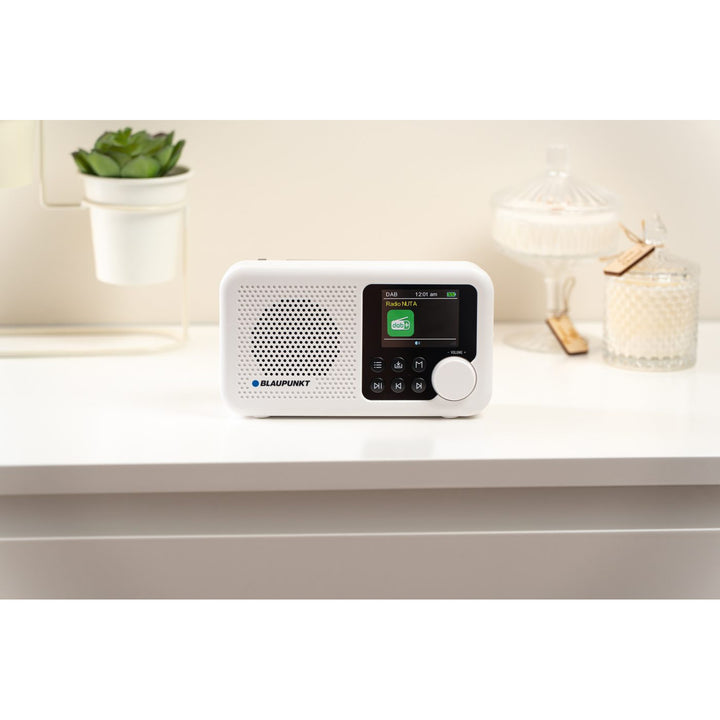 Blaupunkt portable radio, DAB+ digital radio and FM tuner, Bluetooth, headphone output, 2.4 inch color display, clock and alarm function, battery powered and charged via USB-C, DR8WH