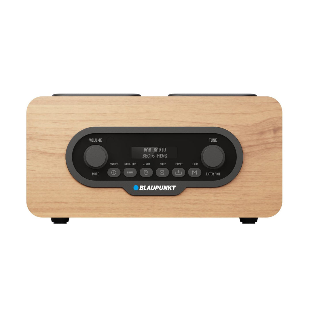 Blaupunkt portable radio, DAB+ digital radio and FM tuner, Bluetooth, headphone output, USB and microSD player, LCD display, clock and alarm function, powered by USB-C rechargeable battery, DR10CR