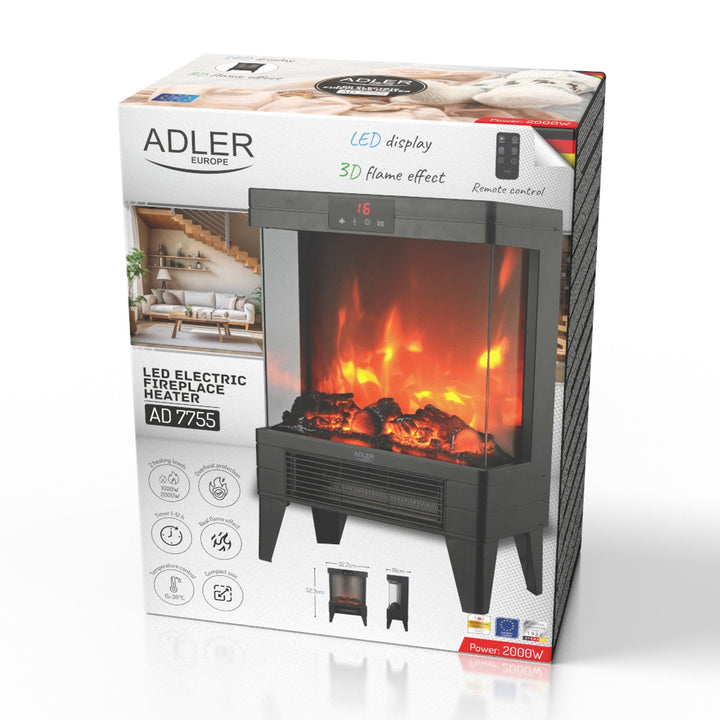 LED electric fireplace with remote control, 2 heating powers 1000W/2000W, thermostat, Adler AD 7755