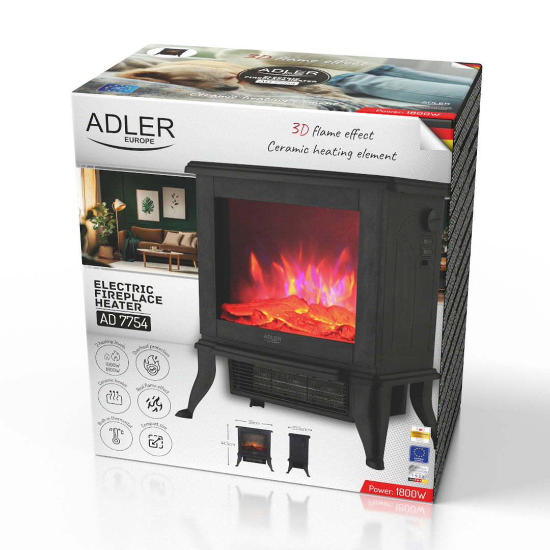 Adler electric fireplace, 2 heating levels, max power 1800W, thermostat, 3D flame effect, AD 7754
