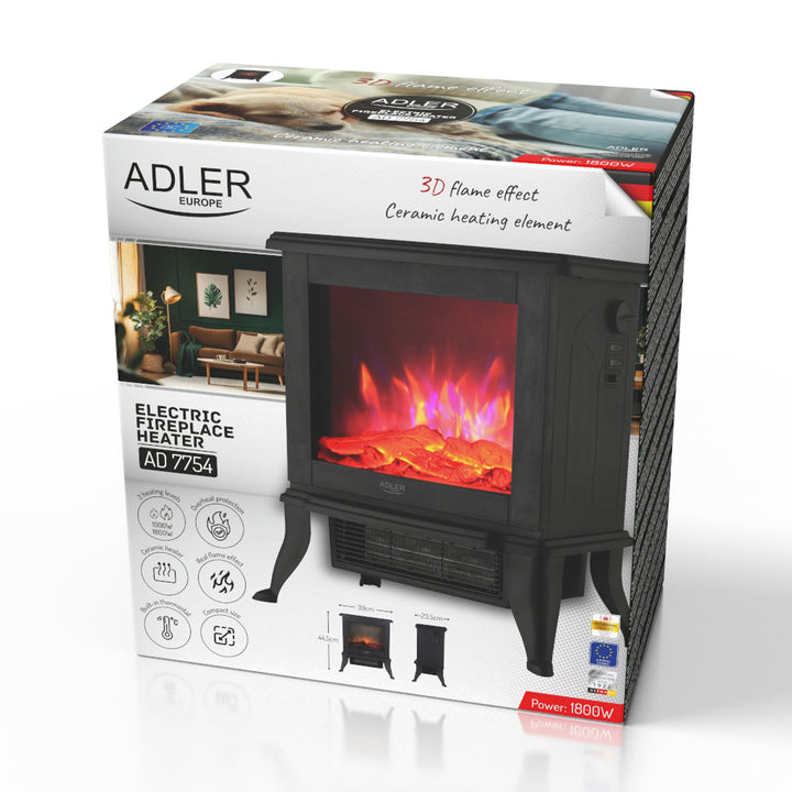 Adler electric fireplace, 2 heating levels, max power 1800W, thermostat, 3D flame effect, AD 7754