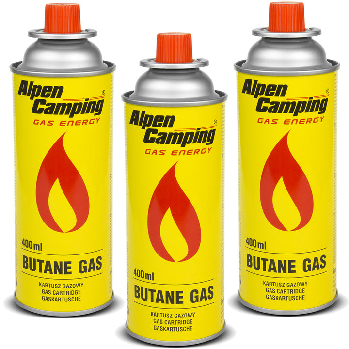 Alpen Camping 400ml gas cartridge. certificate: Pi 0875, complies with EN417, isobutane, operating range -10°C to + 40°C, IK004, 3 pcs.