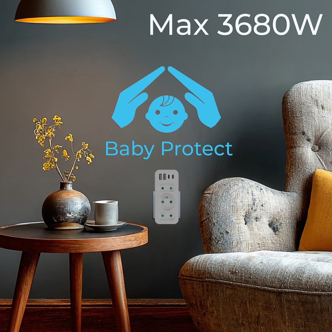 Current socket x3 + 4xUSB Maclean, splitter with 3 sockets, 2xUSB A, 2xUSB C PD 20W, 1x16A + 2x6A, MCE248 F/W, 2 pieces