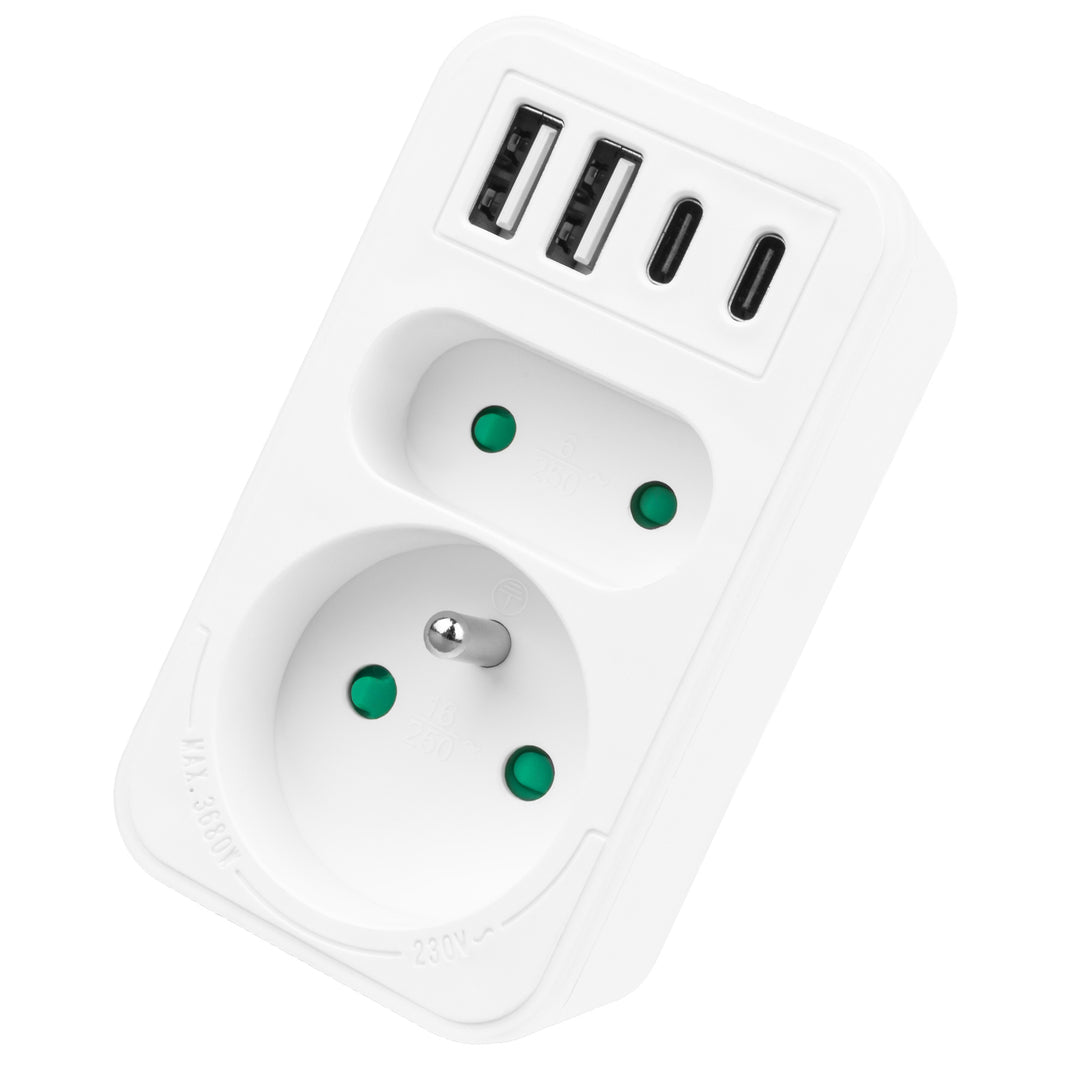 Current socket x2 + 4xUSB Maclean, splitter with 2 sockets, 2xUSB A, 2xUSB C PD 20W, 1x16A + 1x6A, MCE249 F/W, 2 pieces