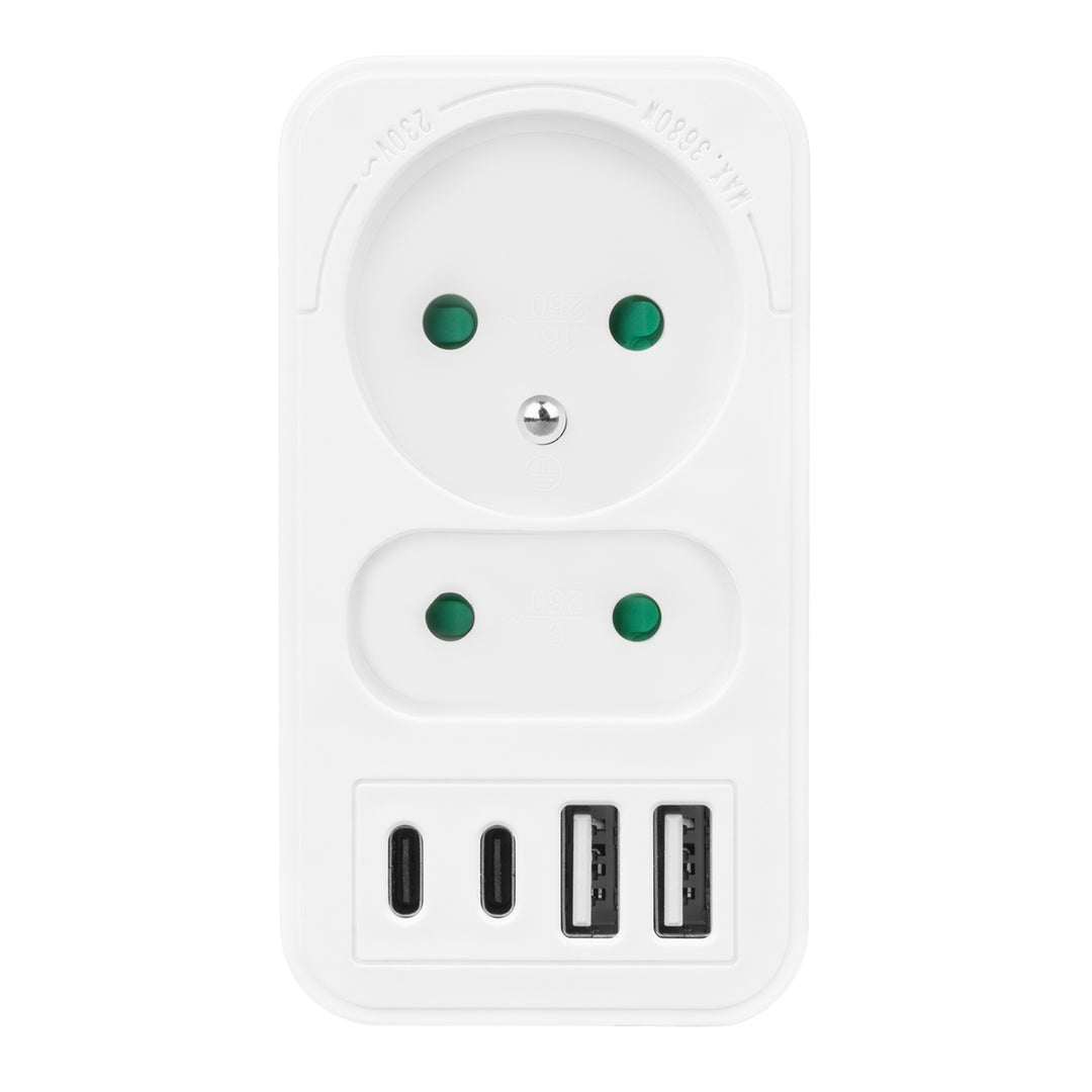 Current socket x2 + 4xUSB Maclean, splitter with 2 sockets, 2xUSB A, 2xUSB C PD 20W, 1x16A + 1x6A, MCE249 F/W, 2 pieces