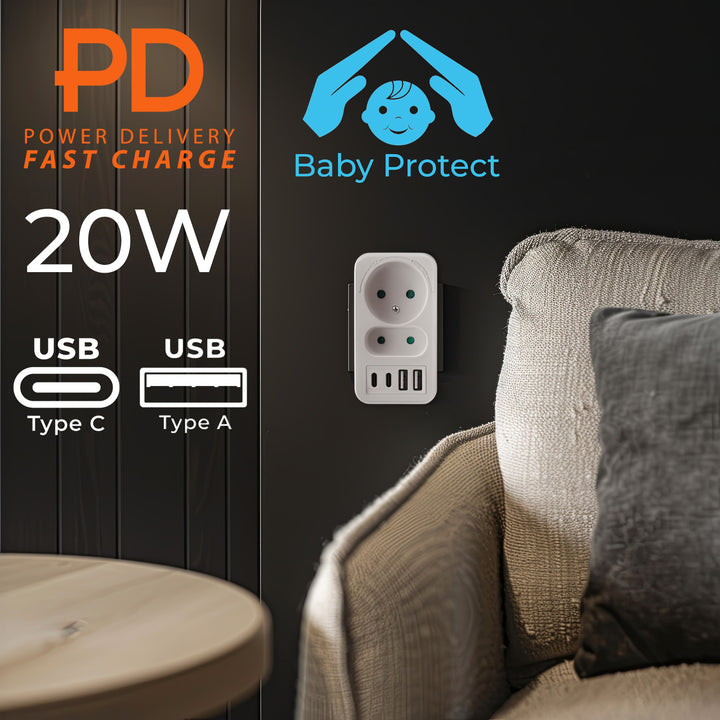 Current socket x2 + 4xUSB Maclean, splitter with 2 sockets, 2xUSB A, 2xUSB C PD 20W, 1x16A + 1x6A, MCE249 F/W, 2 pieces