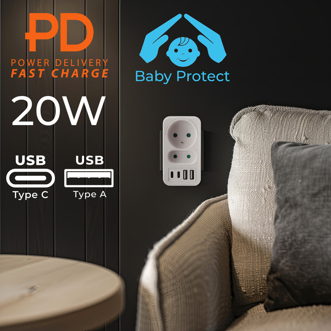 Current socket x2 + 4xUSB Maclean, splitter with 2 sockets, 2xUSB A, 2xUSB C PD 20W, 1x16A + 1x6A, MCE249 F/W, 3 pieces