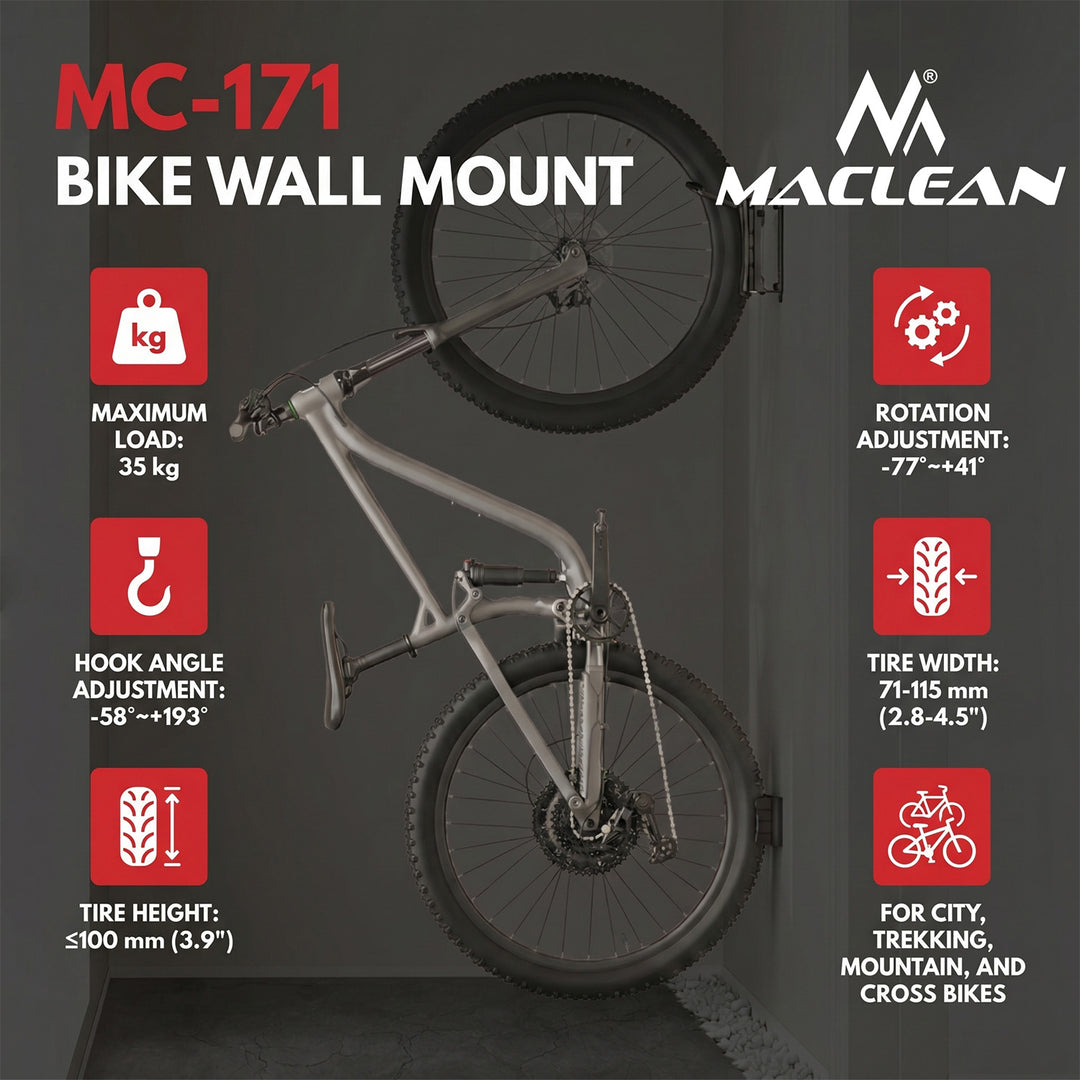 Maclean Fahrradhalterung / Wandhalterung, max. Tragkraft 35 kg, Neigungswinkel einstellbar, Stahl, MC-171