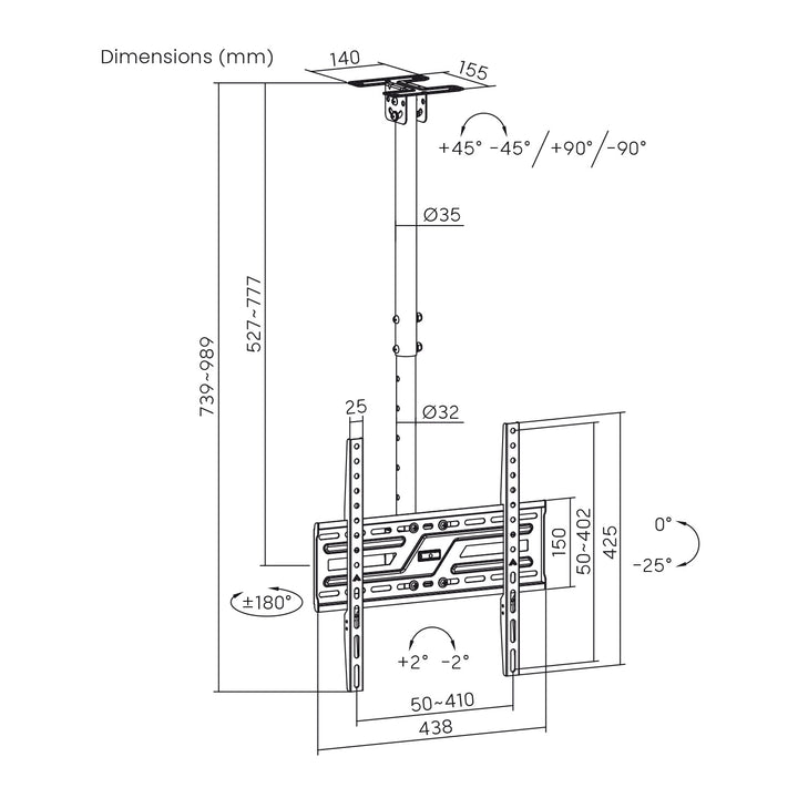 Maclean Ceiling Mount for TV, max. load 50 kg, 37–75", max. VESA 400x400, MC-175