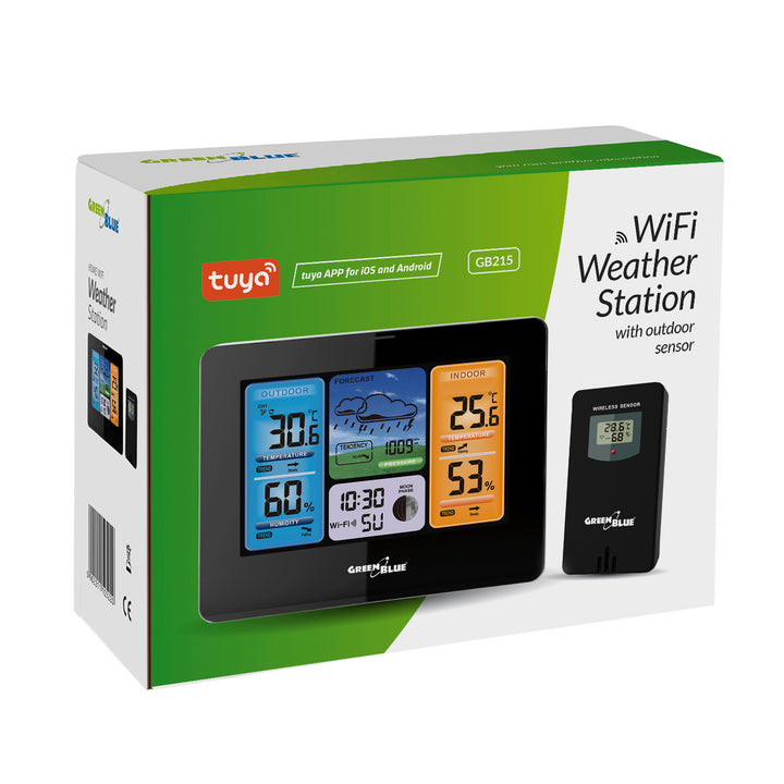 GreenBlue WiFi weather station, TUYA compliant, outdoor sensor, calendar, weather forecast, barometer, power adapter, batteries, GB215