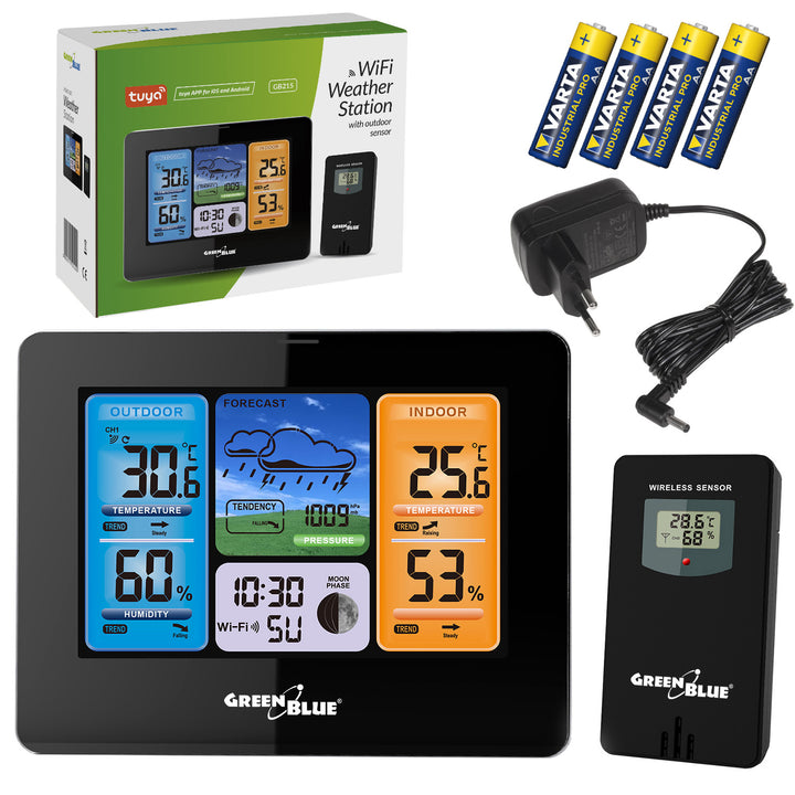 GreenBlue WiFi weather station, TUYA compliant, outdoor sensor, calendar, weather forecast, barometer, power adapter, batteries, GB215