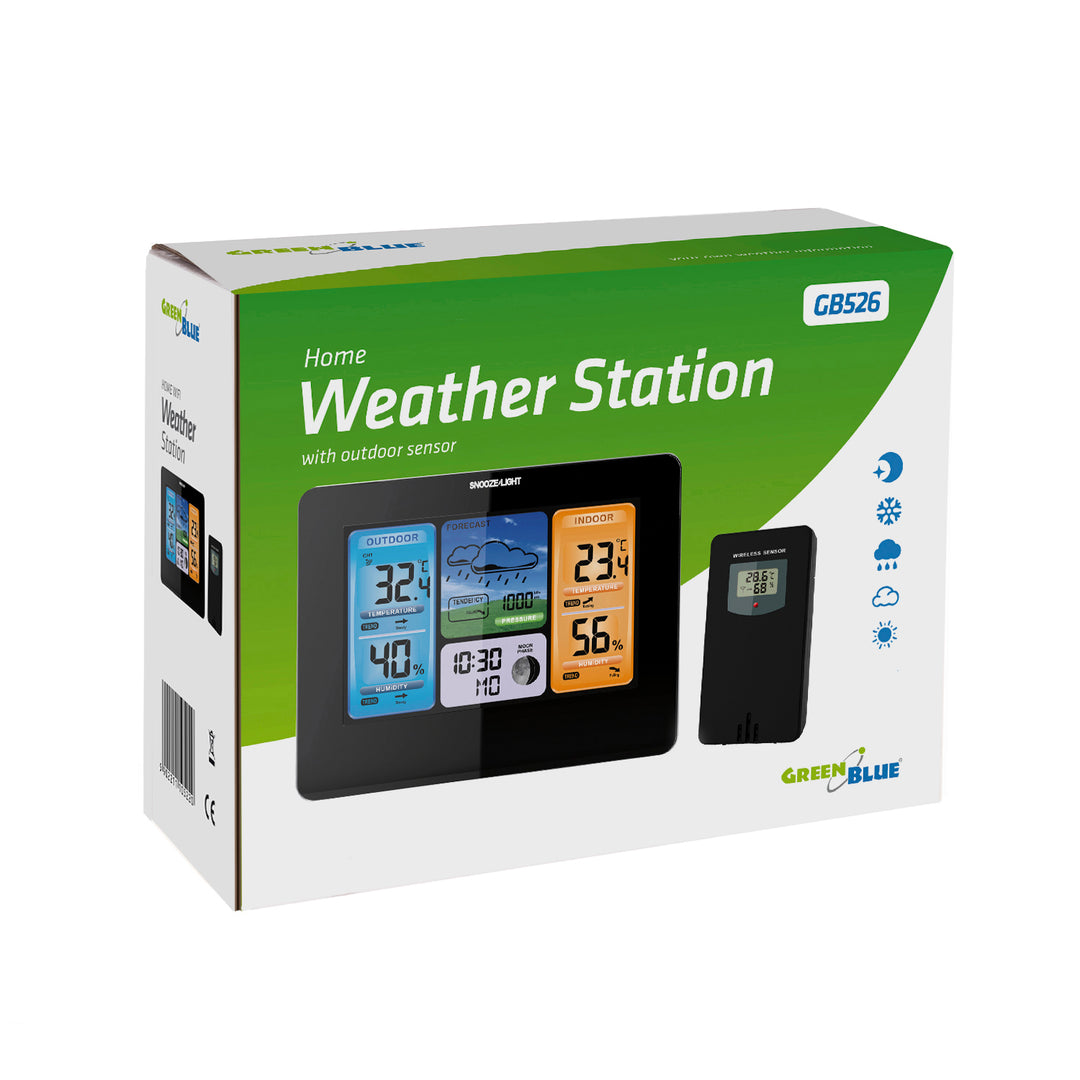 Draadloos weerstation GreenBlue, kleur, met DCF, maanfasen, voedingsadapter, batterijen, GB526
